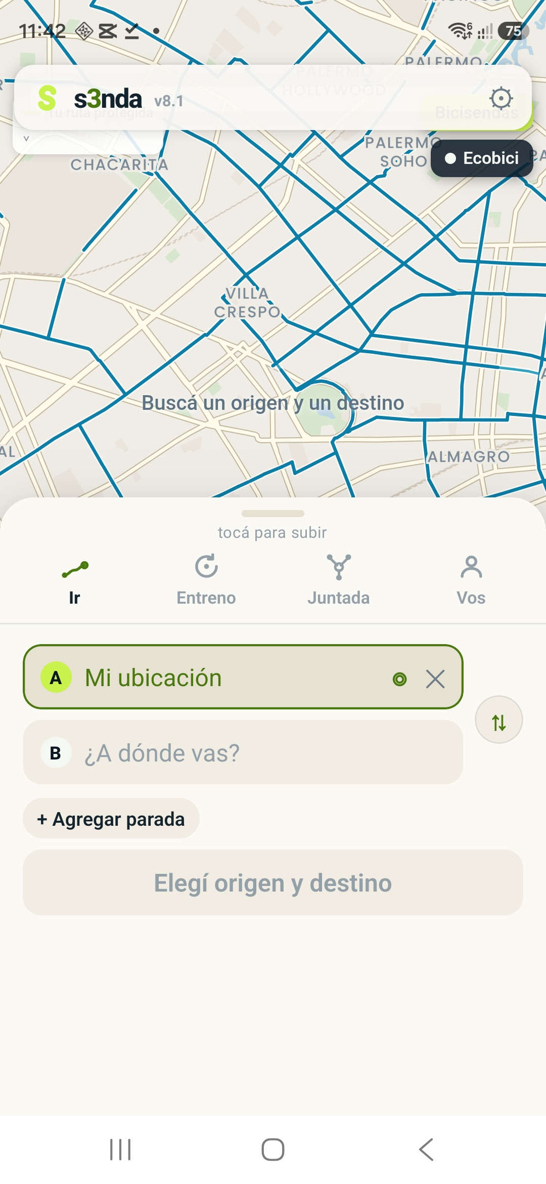 Pantalla de la app s3nda mostrando una ruta con el porcentaje recorrido por bicisenda